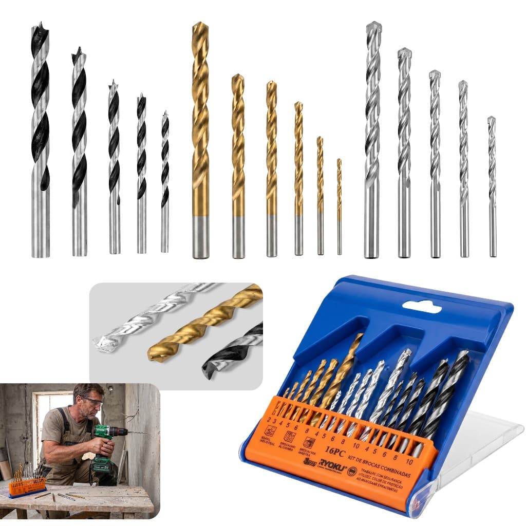 Conjunto De Brocas Combinadas De 16 Peças (Modelo LWJ-2221) – Multifuncionais Para Madeira , Metal E Alvenaria