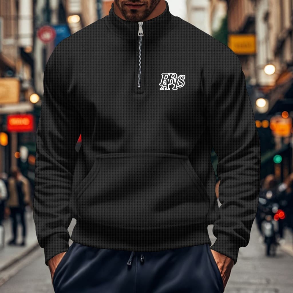 Moletom masculino Waffle preto de manga comprida, gola meia alta, Design com zíper meio aberto, bolso canguru frontal, e