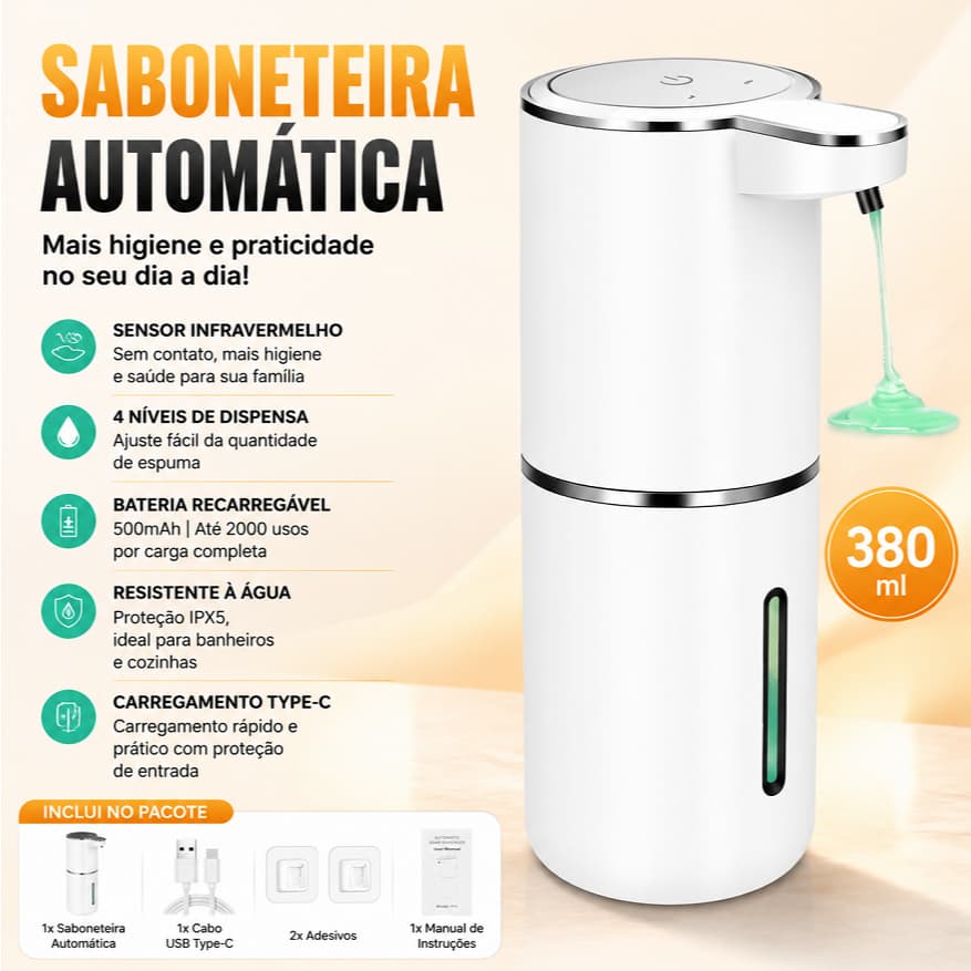 Dispenser Automatico de Saboneteira Com Sensor Infravermelho Para Sabonete Liquido Espuma Detergente