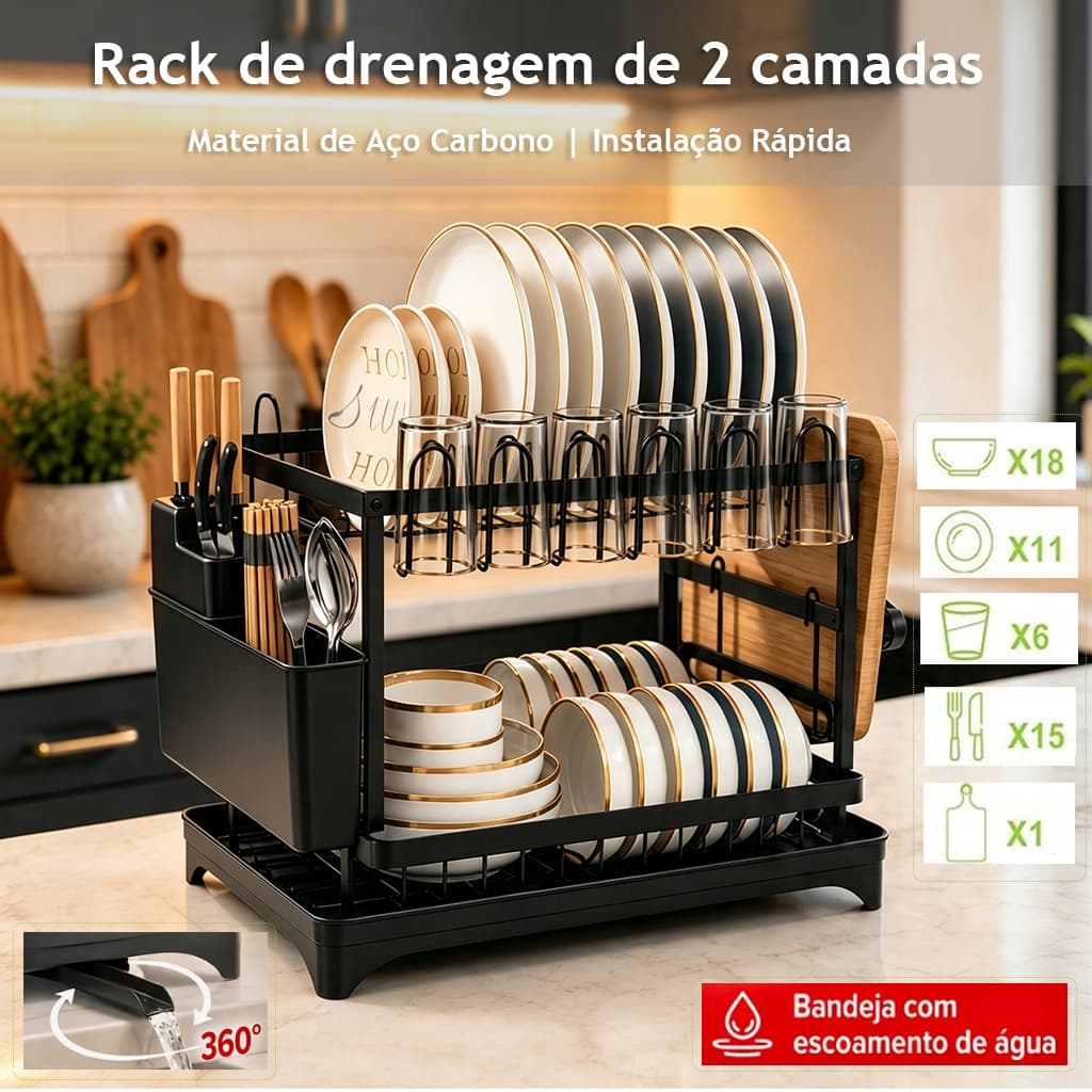Escorredor de Louça 2 Andares Organizador de Aço Inox com Porta Copos e Talheres 360º Ralo Bandeja