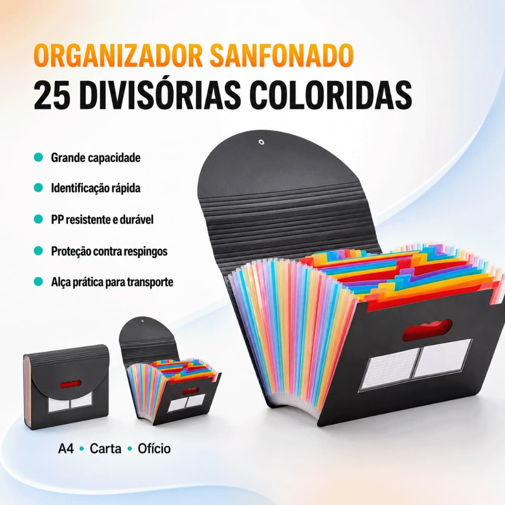 Pasta Sanfonada 25 Divisorias Coloridas Organizador de Documentos Papeis A4 e Oficio com Alca