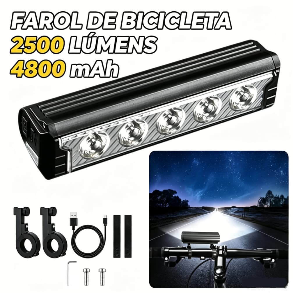 Farol de Bicicleta LED Recarregável com 5 Leds de Alta Potência e Iluminação 20.000 Lumens