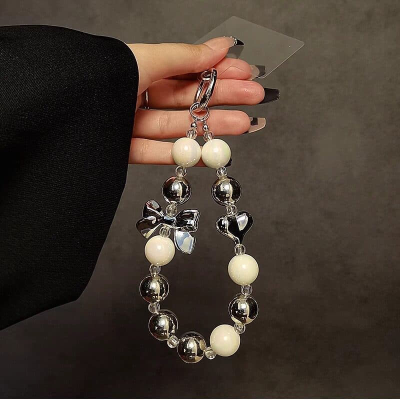 Cordão de Celular Pérolas Prata para Capa de Telefone Pulseira Anti Queda Laço Luxo Feminino Chaveiro Y2K.