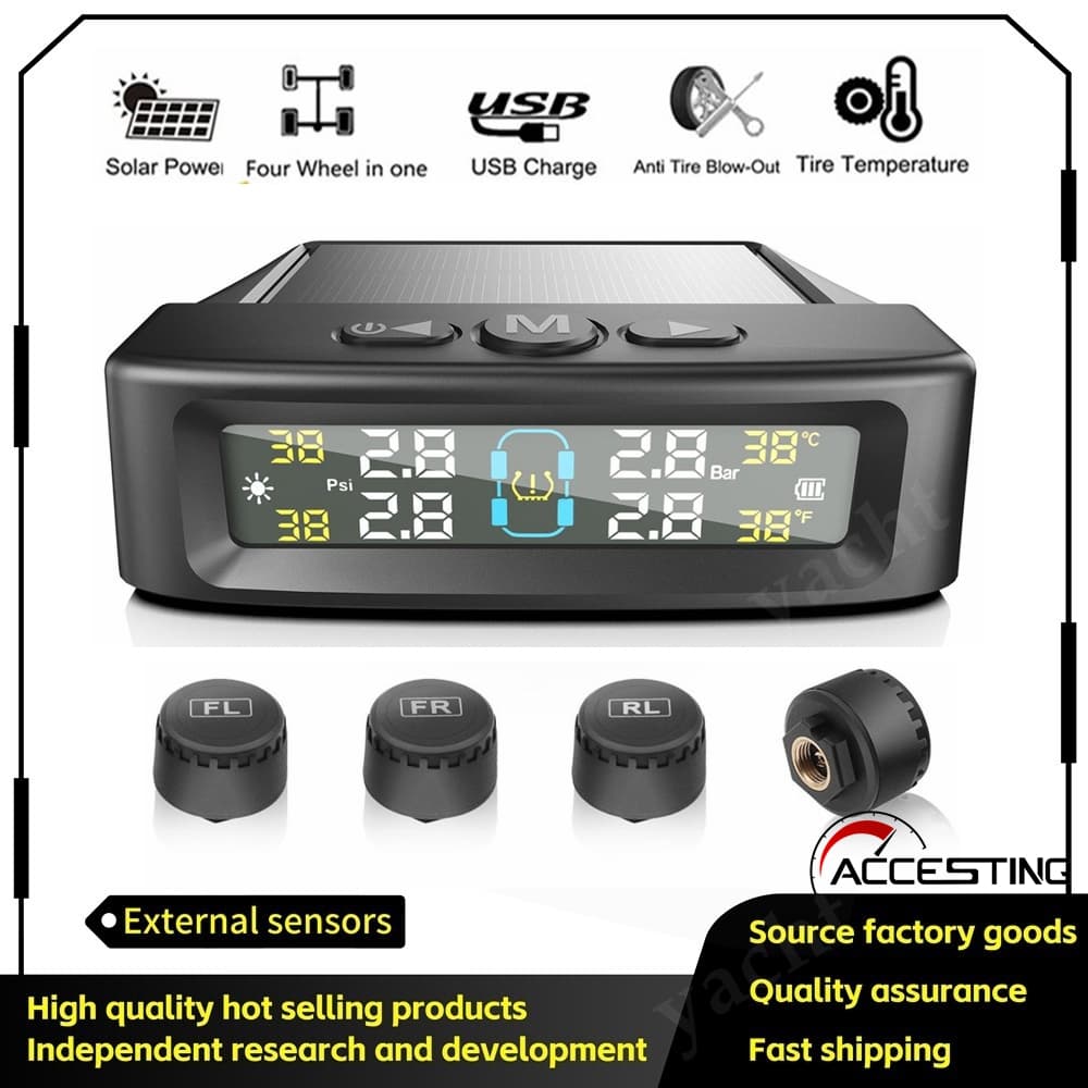 Sistema De Monitoramento De Pressão De Pneus De Carro TPMS , Movido A Energia Solar , Display LCD Digital , Testador De