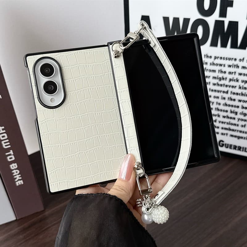 Para Samsung Galaxy Z Fold 8 7 6 5 4 Ultra Luxury Crocodile Print Capa De Couro Com Alça De Pulso Pérola Pingente Dobrad
