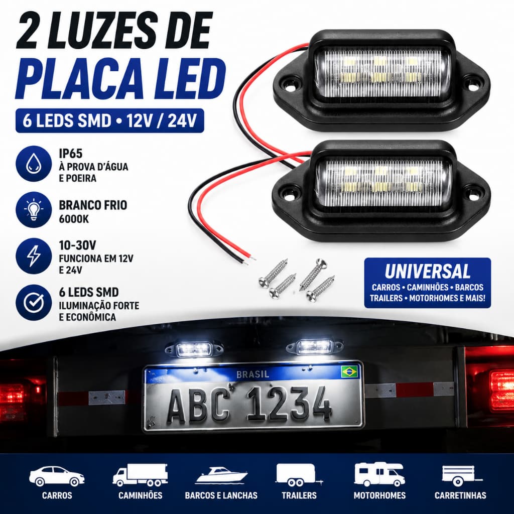 2 Luz De Placa Carro 6 Leds Caminhão Carretinha 12v 24v