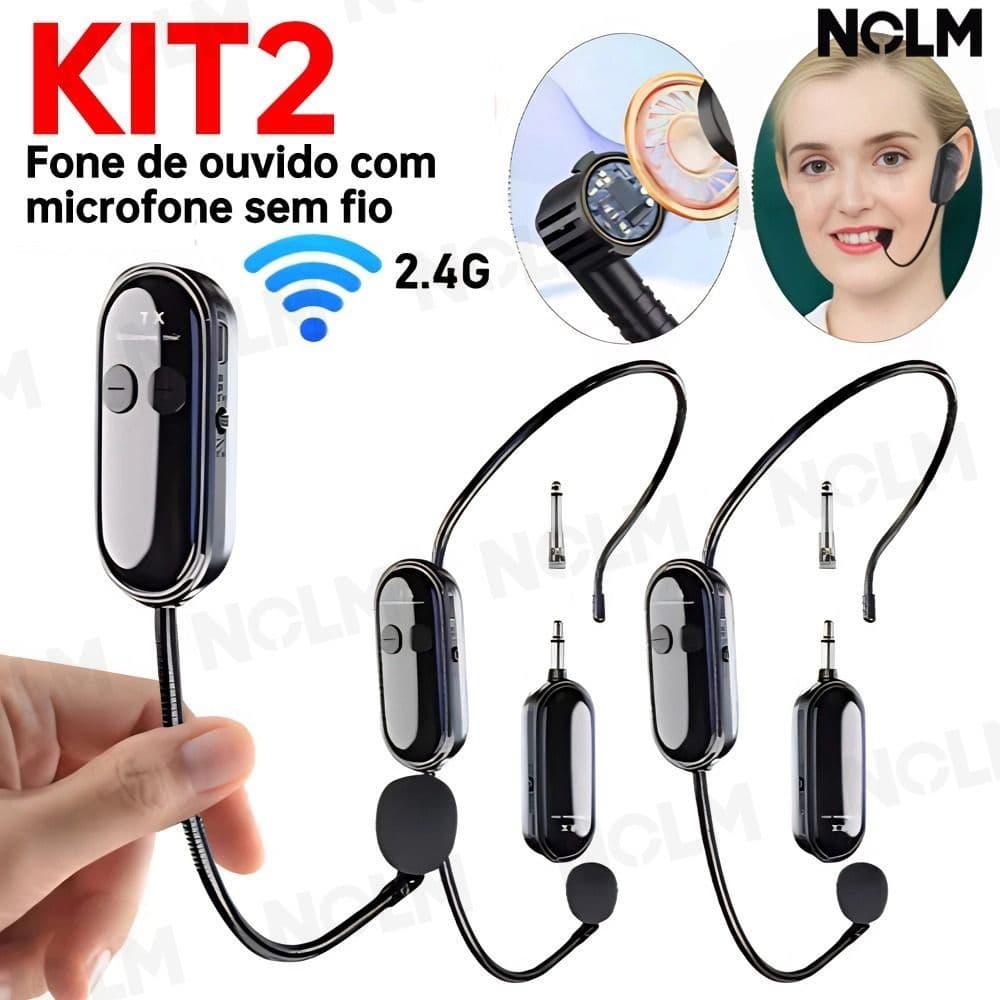 Kit Microfone de Cabeça Sem Fio Headset 2.4GHz -Transmissor + Receptor-Para Aula Apresentações Academia,Alta Qualidade