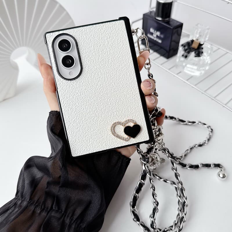Strass Amor Ajustável Longo Crossbody Cordão Caso Para Samsung Galaxy Z Fold 8 7 6 5 4 3 Ultra Bling Duro PC À Prova De