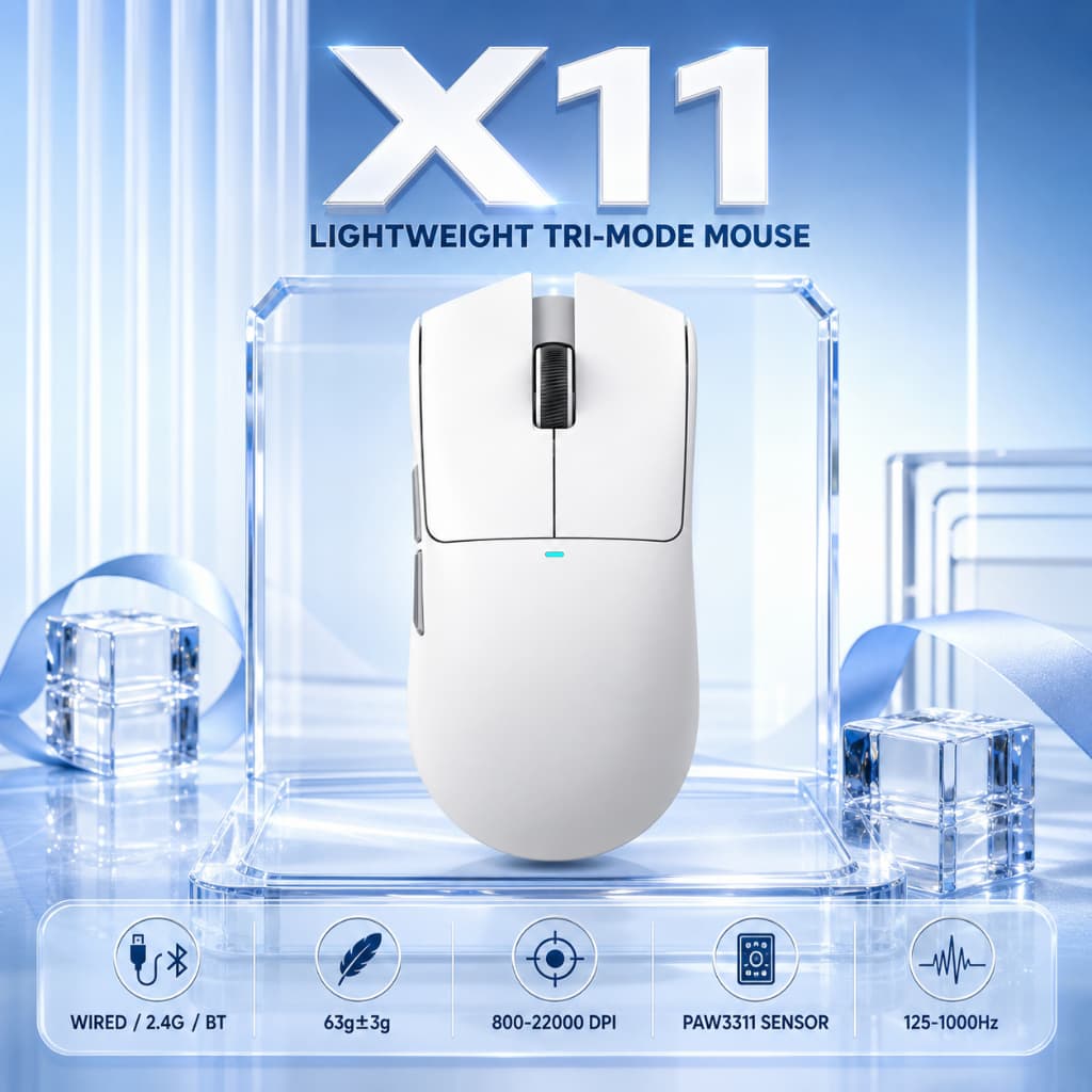 ATTACK SHARK X11 Teclado Mecânico Para Jogos Tri-Mode 22000DPI PAW3311 63g Ultra Light RGB Base De Carregamento Magnétic