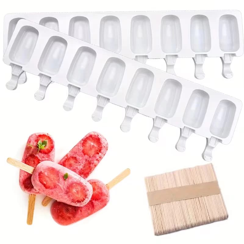 8 Part Forma de Sorvete Molde de Picolé Sorvete de Silicone Flexível + 50 Palitos