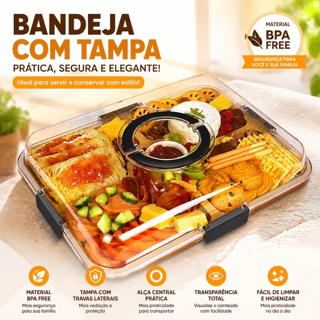 Bandeja Grande de Bambu com Tampa com Travas – Tabua Para Servir e Conservar Frios Queijos Petiscos