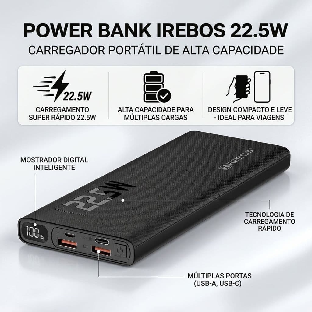 HREBOS x HEYOO Power bank de 30000mAh com 22,5W de potência de carregamento, com múltiplas portas e display digital
