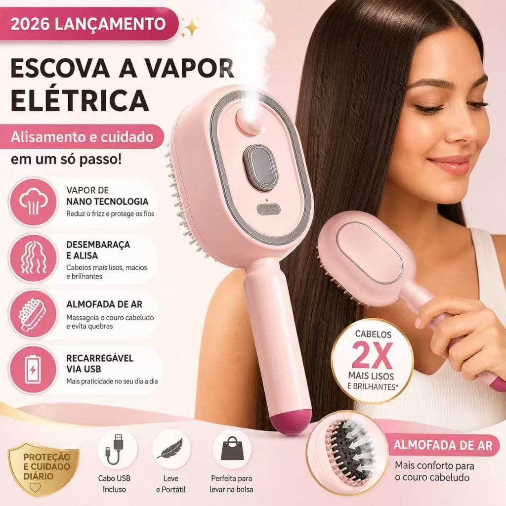 Escova de Cabelo a Vapor Elétrica, Carregamento USB-C, Vapor com Spray, Alisamento e Estilo Anti-Frizz