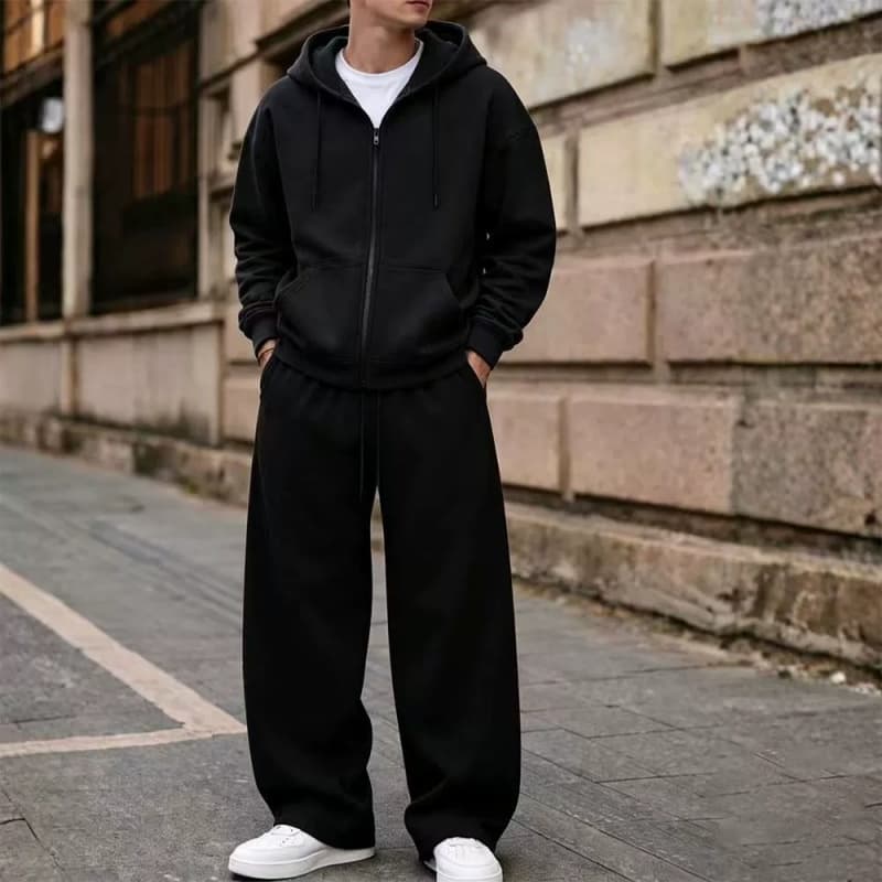 Moda americana cor sólida zíper moletom calças de perna larga terno Casual High Street Hip-Hop T