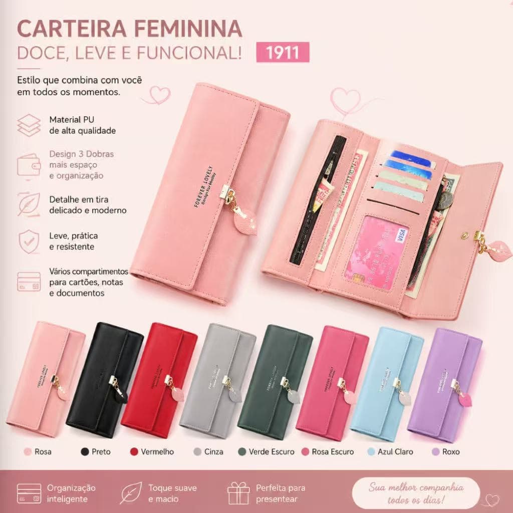Carteira Longa Feminina Trifold Pingente de Folha PU