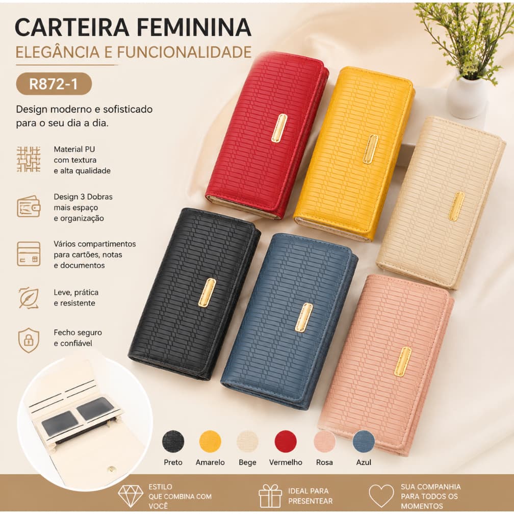 Carteira Longa Feminina Trifold Relevo PU com Zíper