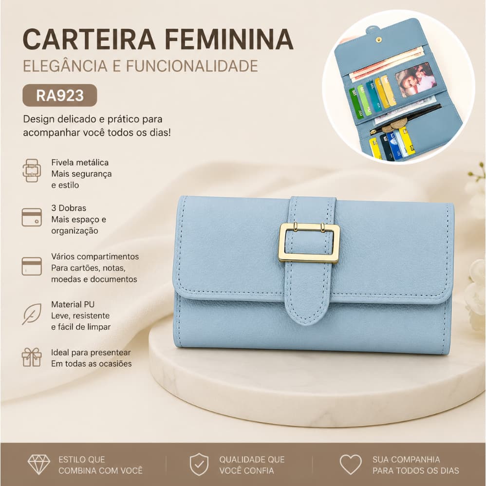 Carteira Longa Feminina Fivela Metálica PU Elegante