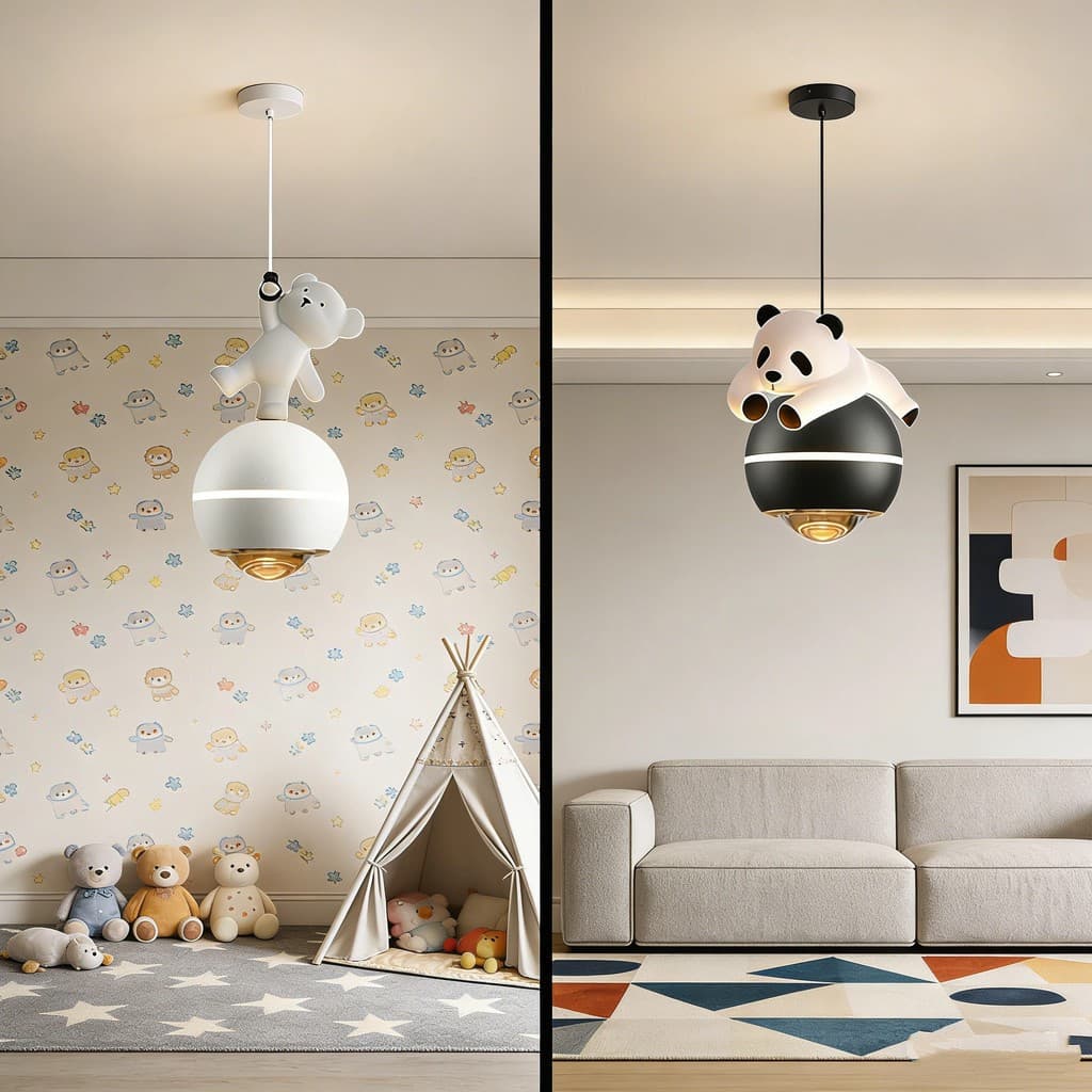 Luminária Pendente Urso Panda Fofa, Moderna para Quarto Infantil - Panda Branco, Panda Preto, Urso Branco, Urso Preto