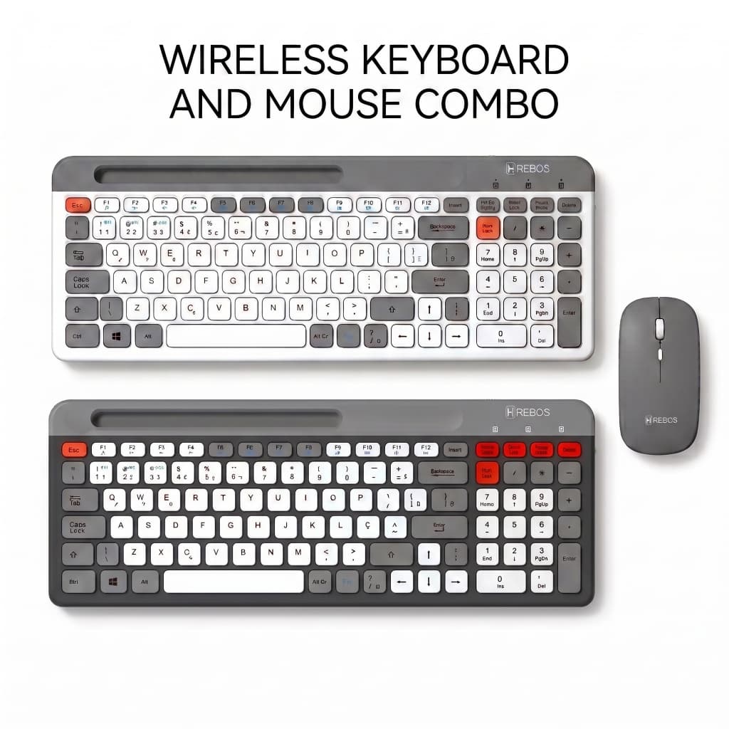 HREBOS x HEYOO Teclado e Mouse Sem Fio 3-em-1 Bluetooth, Compatível com Tablet e PC com Suporte para Celular e Tablet