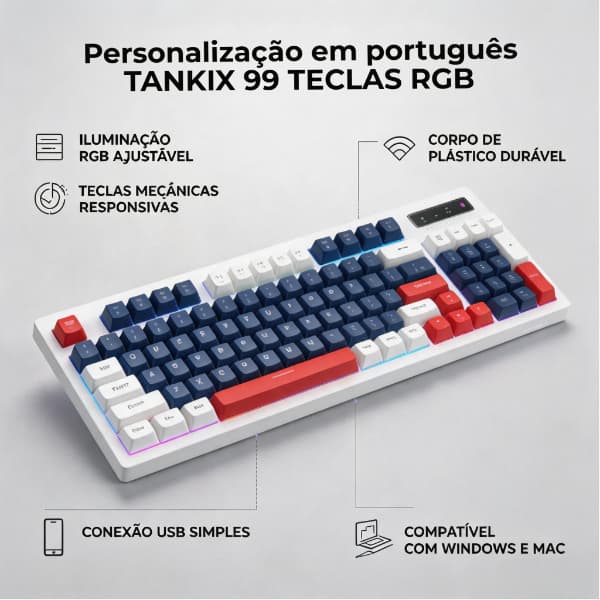Tankix ABNT2 Teclado Para Jogos Brasileiro Portuguesa 99 Teclas RGB Silent PBT Keycaps E Escritório