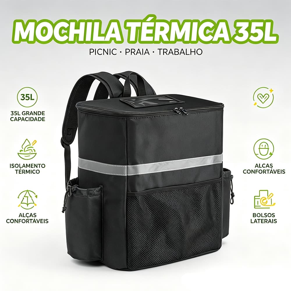Mochila Térmica para Entregas Bolsos Laterais Resistente 35L