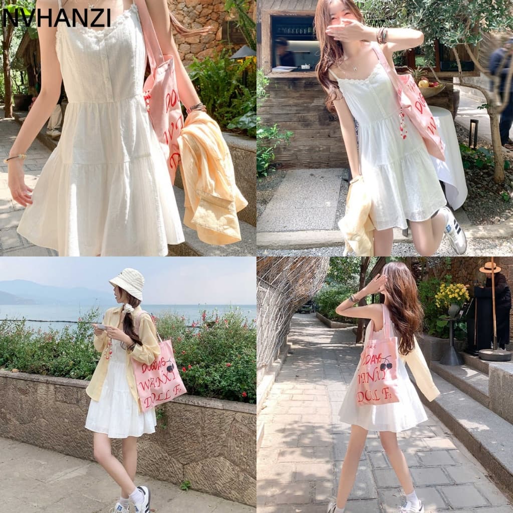 Primeiro amor feminino estilo suave Suspender vestido curto saia branca verão pequena fada fofo saia evasê