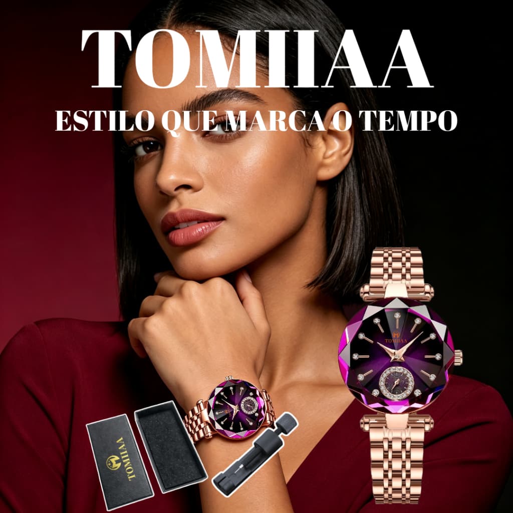 TOMIIAA Relógio Roxo Degradê, 32mm, 6mm Fino, 3ATM, Vidro, Aço Rosé, Quartzo, Duas Esferas + Caixa