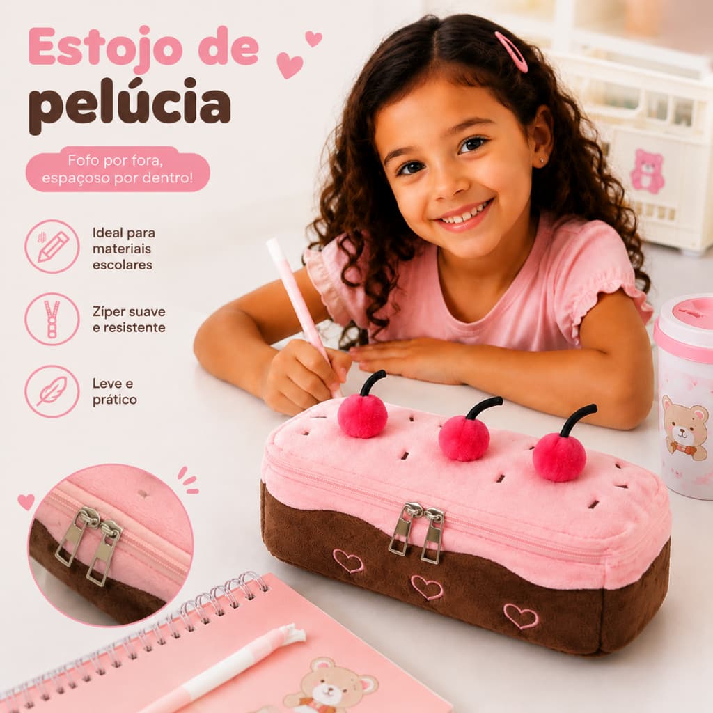 INS Bonito Pelúcia Cereja Bolo Lápis Caso Grande Capacidade Estudante Papelaria Bolsa