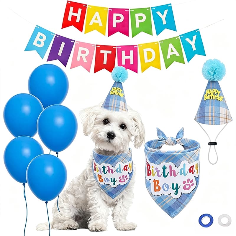 Feliz Aniversário Banner Azul Xadrez Chapéu Bandana Balões Para Pequeno Médio Filhote De Cachorro Menino Foto Prop