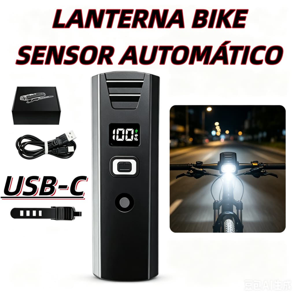 Lanterna Farol Dianteiro Inteligente LED Sensor Fotoelétrico 5 Modos de Luz Suporte Bike Bicicleta