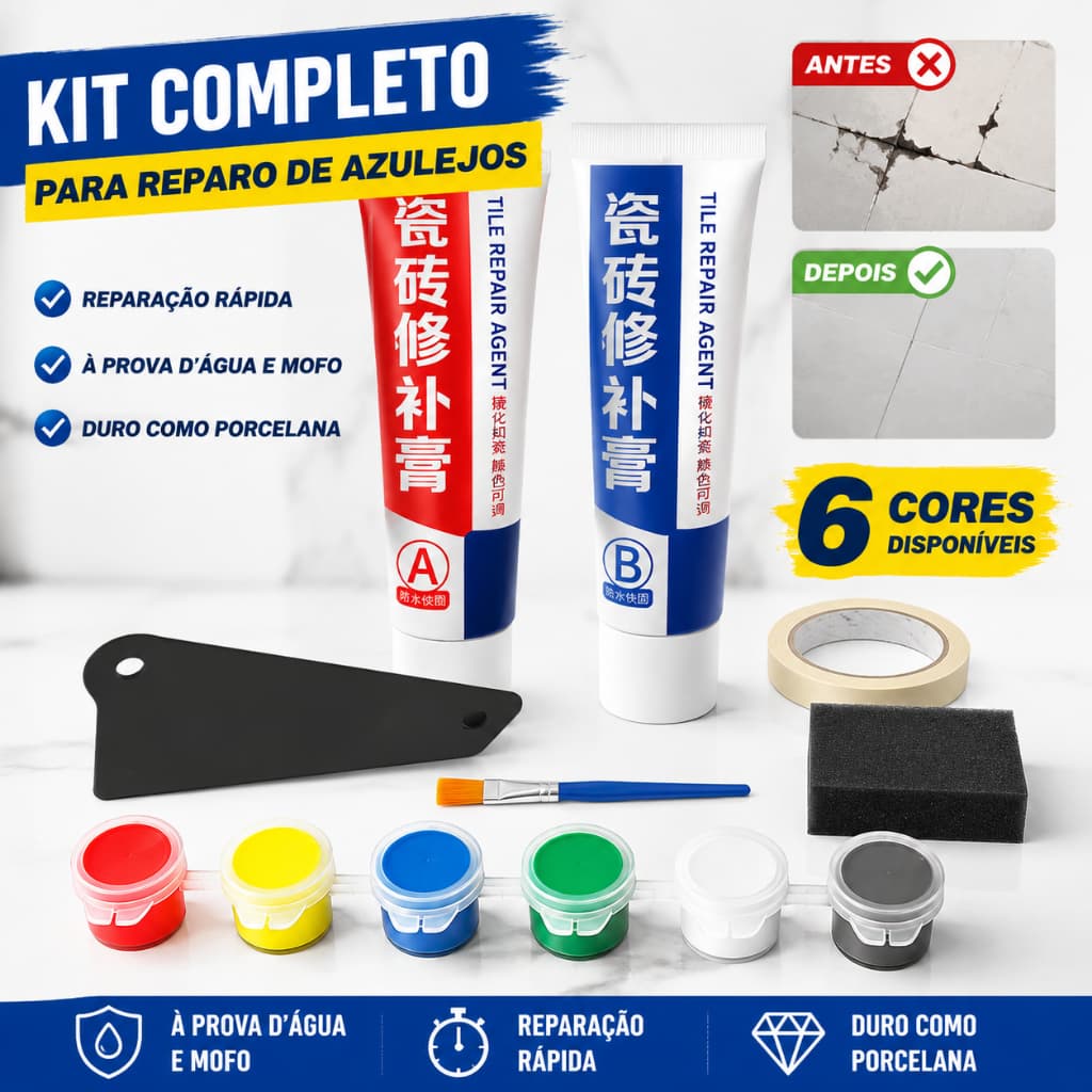 Kit Reparo Azulejo Massa Epóxi Para Cerâmica Rachadura Trinca Impermeável Anti Mofo Banheiro Cozinha Parede Piso