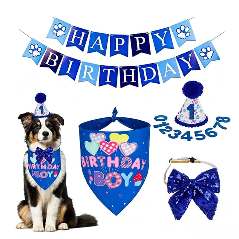 Cão Aniversário Menino Menina Festa Decoração Conjunto Banner Chapéu Gravata Borboleta Bandana Para Pequeno Médio Filhot