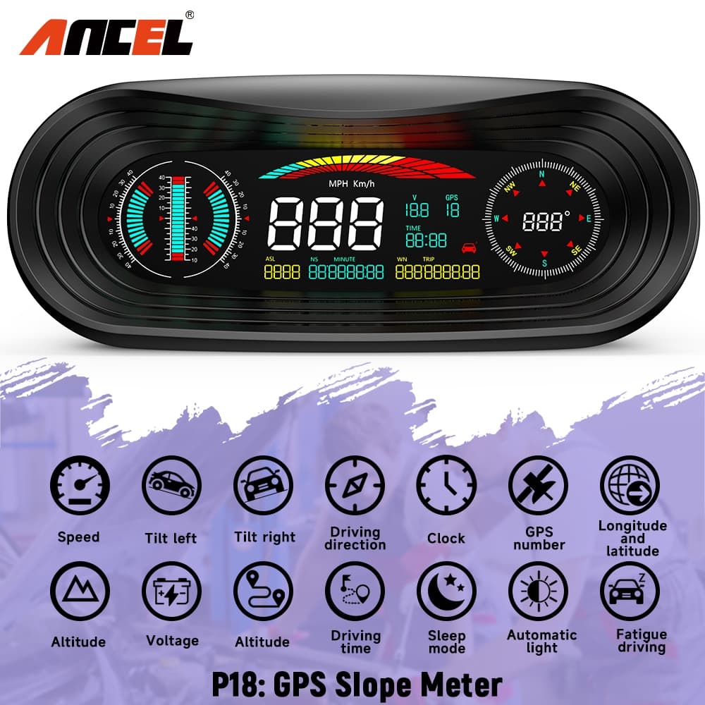 ANCEL P18 Head Up Display Speed RPM GPS Relógio Medidor HUB Obd2 Scanner Pitch Roll Angle Inteligente Monitor De Dados