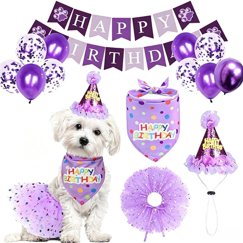 Conjunto De Festa De Aniversário Roxo Para Cachorro , Banner De Pata , Balões , Chapéu , Bandana , Saia Tutu De Animais