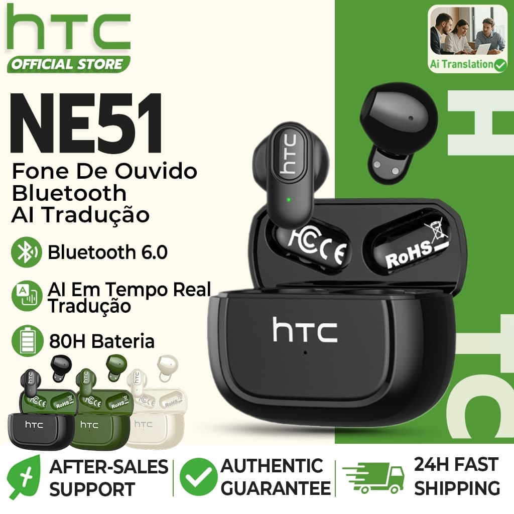 HTC NE51 AI Tradução Fone De Ouvido Bluetooth 6.0 Sem Fio TWS Cancelamento De Ruído Microfone
