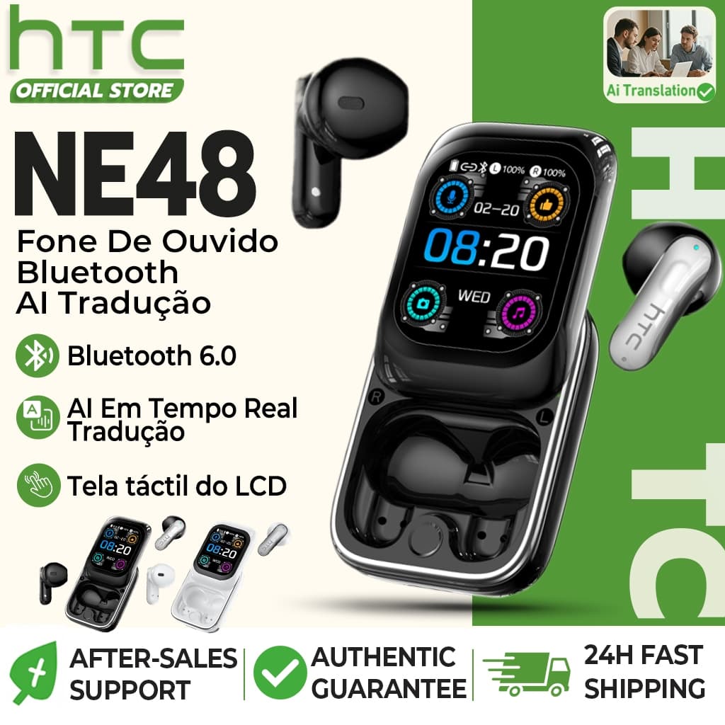 HTC NE48 Fone De Ouvido Bluetooth 6.0 AI Tradução 135 Idiomas Em Tempo Real Sem Fio TWS Tela Touch 48H Bateria Microfone