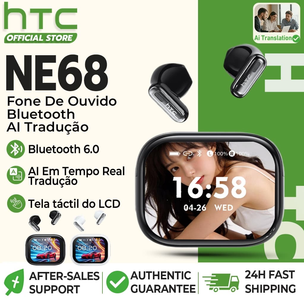 HTC NE68 Fone De Ouvido Bluetooth 6.0 AI 135 Idiomas Em Tempo Real Tradução Fone TWS Sem Fio Tela De Controle De Toque