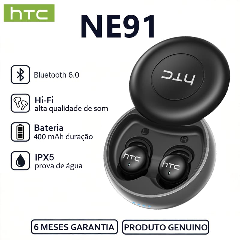 HTC NE91 Fone de ouvido Bluetooth Bluetooth 6.0 Alta qualidade Redução ativa de ruído inteligente