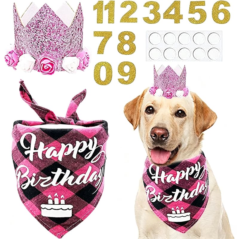 Pet Xadrez Feliz Aniversário Bandana Glitter Flor Coroa 0-9 Número Para Pequeno Médio Filhote De Cachorro