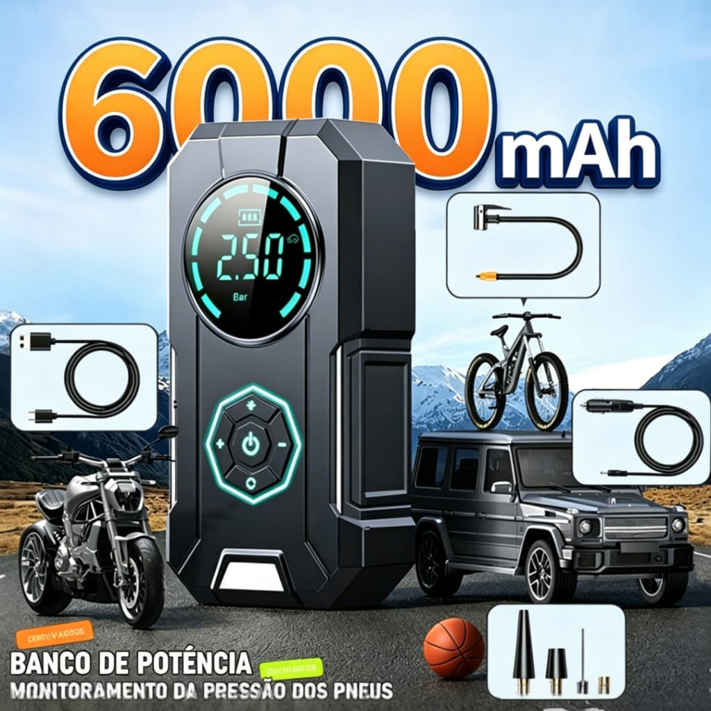 Mini Compressor de Ar Digital Portátil - USB Recarregável - Calibrador de Pneu Profissional - Envio rápido