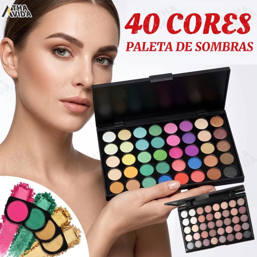 Paleta de Sombras com 40 Cores - Acabamento Matte e Shimmer, Alta Pigmentação, Efeito Esfumado e Longa Duração.