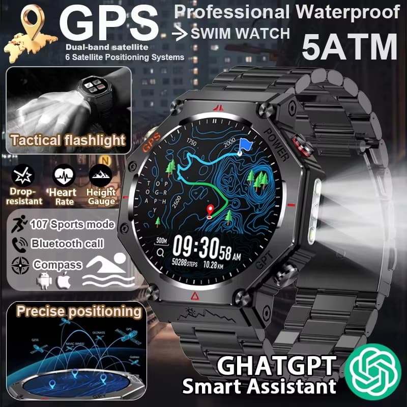 2026 Novo Militar Ao Ar Livre GPS Esportes Relógio Inteligente Masculino 1.39 " 5ATM À Prova Dwaterproof Água 530mAh Cha