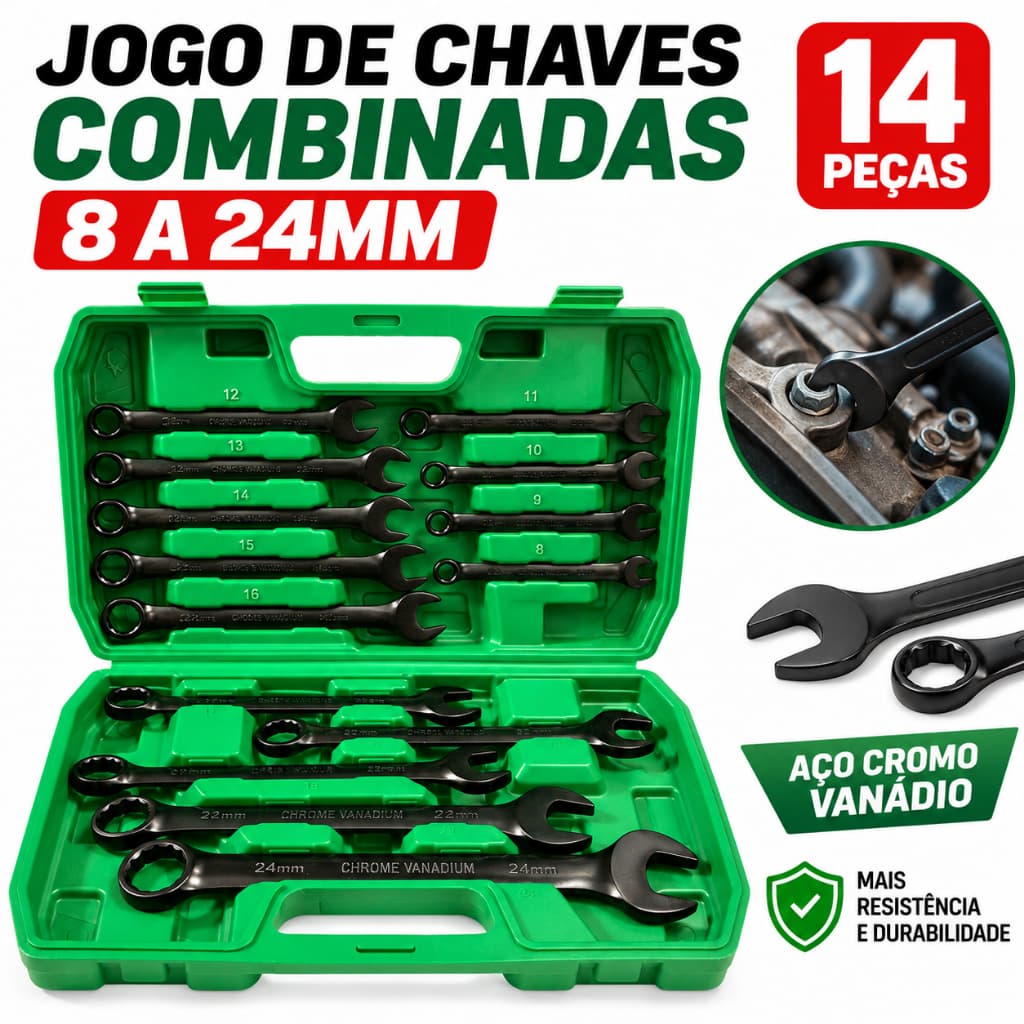 Kit Jogo De Chave Combinada 8 A 24 mm Boca Aço Cromo Profissional C/ Maleta 14 Peças
