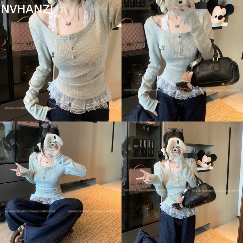 Camiseta feminina de manga comprida com costura de renda, nicho de alta qualidade, sem camisa, Top A176