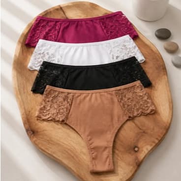 Kit 4 Calcinhas Femininas Algodão, Renda Lateral, Respirável, Sem Costura e Alta Elasticidade