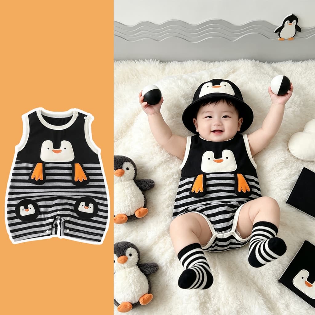 Roupas De Bebê Meninos Verão Fino Moda Listrado Pinguim Macacão Sem Mangas