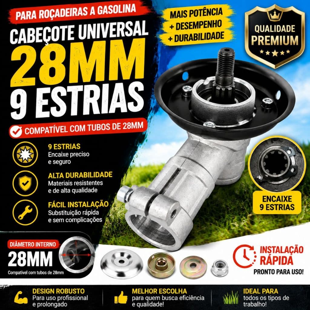 Caixa de Engrenagem para Roçadeira Tubo 28mm 9 Dentes Kit Completo com Chapas e Porca