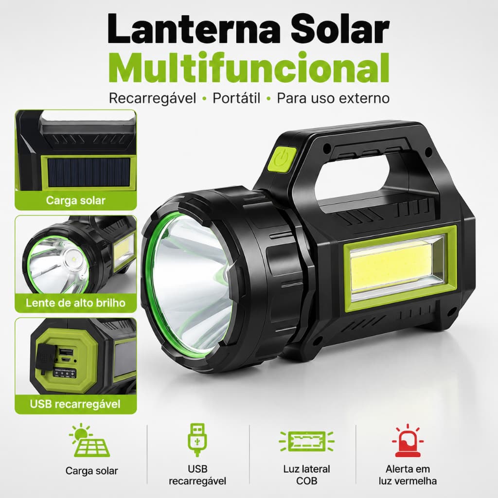 Lanterna LED Recarregável 150000LM Solar USB 30W 20000mAh Longo Alcance IPX4