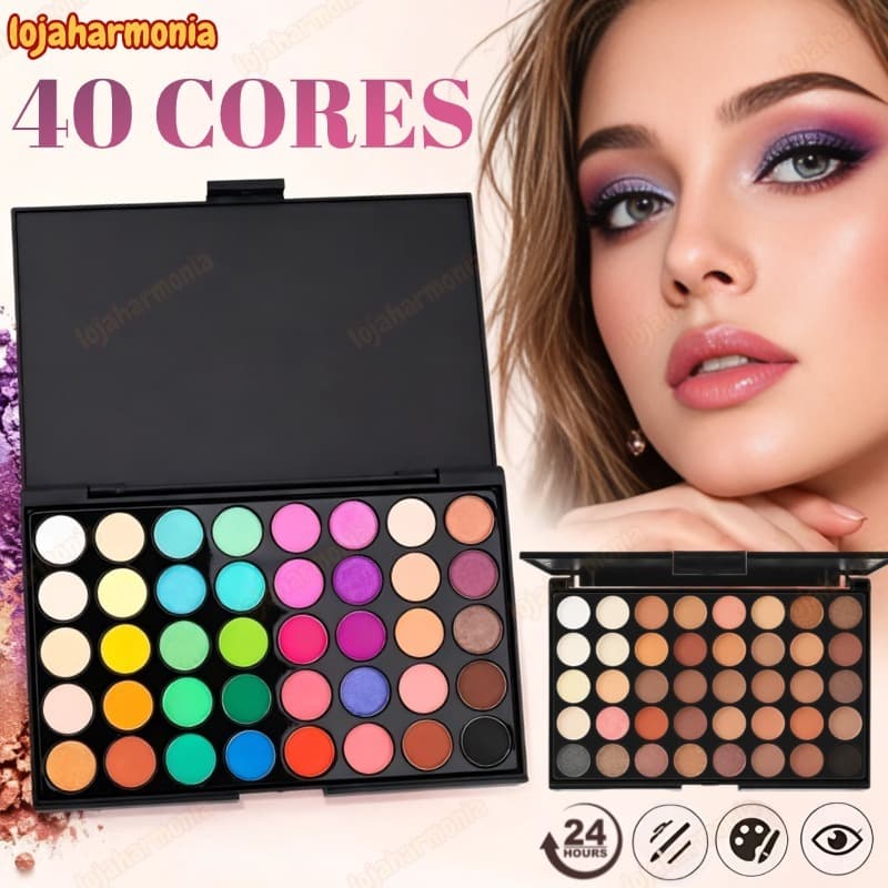 Paleta de Sombras com 40 Cores - Acabamento Matte e Shimmer, Alta Pigmentação, Longa Duração Fácil de Esfumar