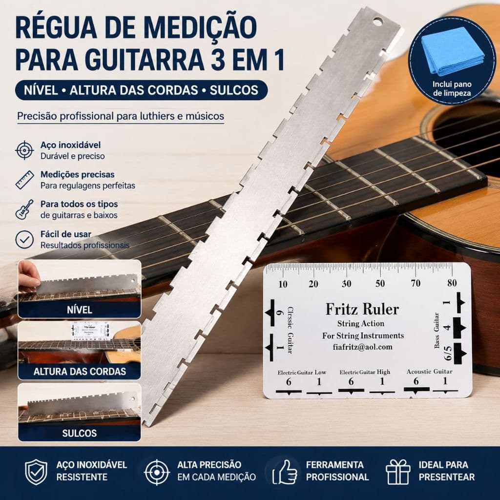 Kit Regulagem Guitarra 3un Régua Trastes + Medidor Ação Cordas + Pano Limpeza para Violão Baixo Elétrico